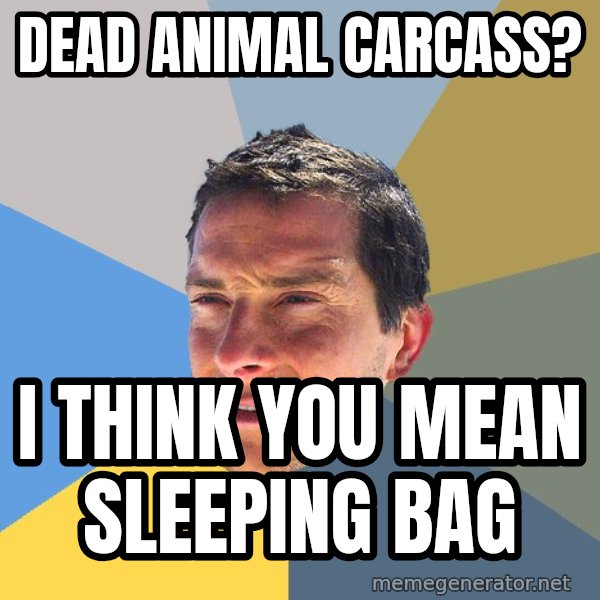 Bear Grylls meme: dead animal carcass? / i think you mean SLEEPING BAG