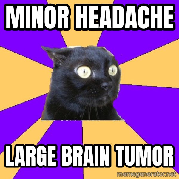 Anxiety Cat meme: minor headache / large brain tumor