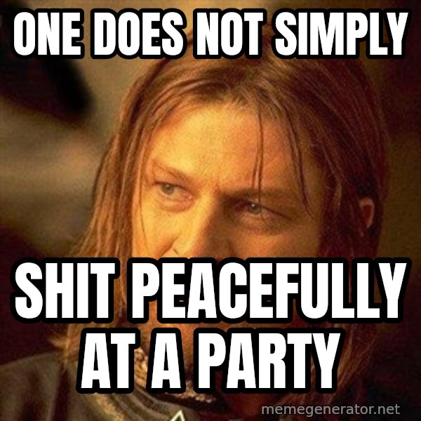 Boromir meme: ONE DOES NOT SIMPLY / SHIT peacefully at a party