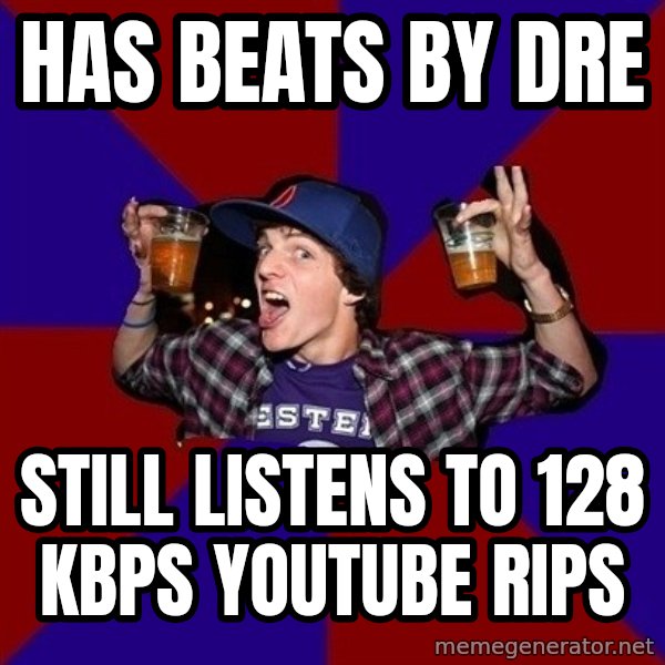 Sunny Student meme: has beats by dre / still listens to 128 kbps youtube rips