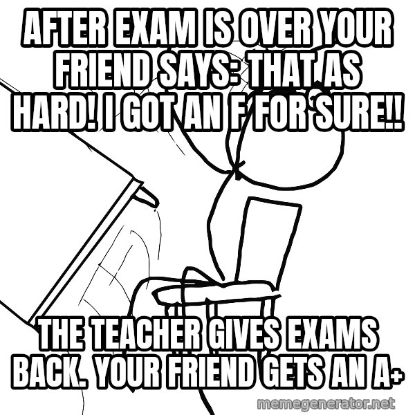Desk Flip Rage Guy meme: after exam is over your friend says: that as hard! I got an f for sure!! / the teacher gives exams back. your friend gets an a+