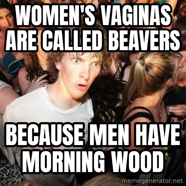 Sudden Realization Ralph meme: women's vaginas are called beavers / because men have morning wood
