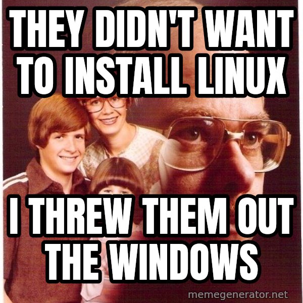 Vengeance Dad meme: they didn't want to install linux / i threw them out the windows