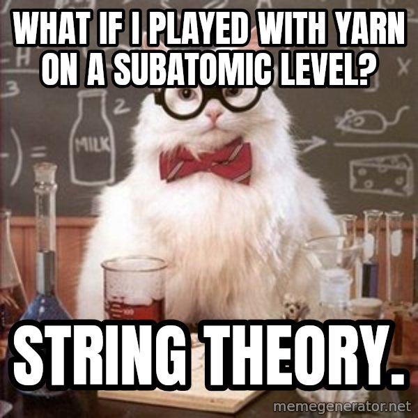 Chemistry Cat meme: what if i played with yarn on a subatomic level? / string theory.