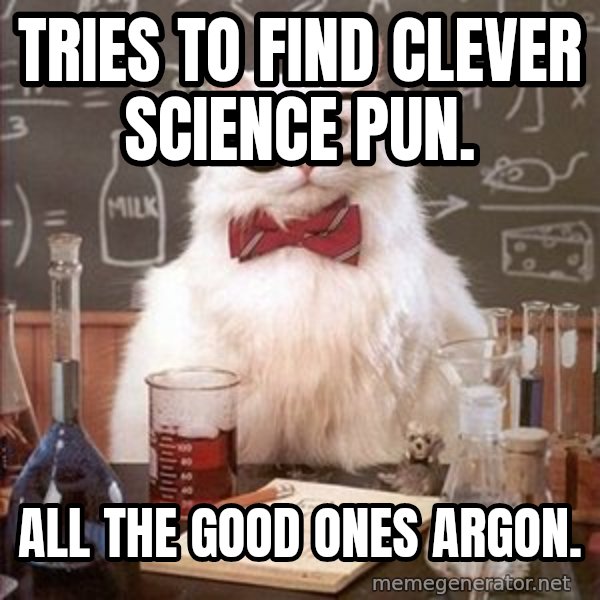 Chemistry Cat meme: tries to find clever science pun. / all the good ones argon.