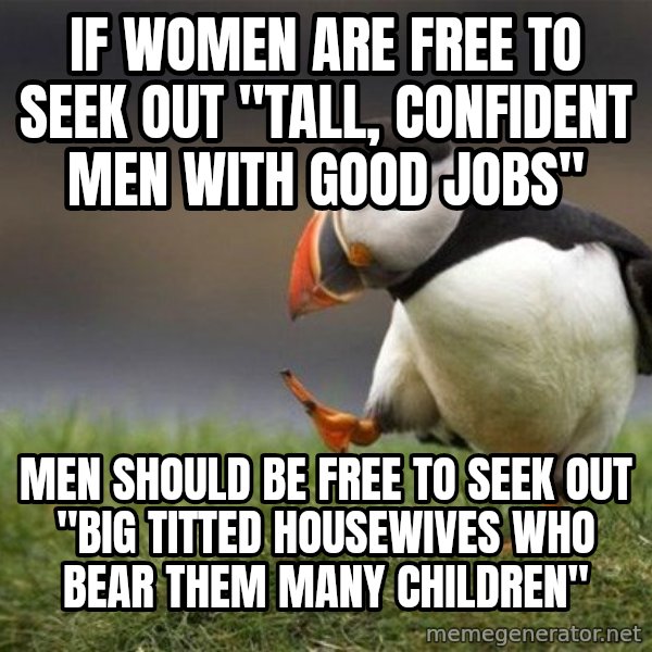 Unpopular Opinion Puffin meme: IF WOMEN ARE FREE TO SEEK OUT "TALL, CONFIDENT MEN WITH GOOD JOBS" / MEN SHOULD BE FREE TO SEEK OUT "BIG TITTED HOUSEWIVES WHO BEAR THEM MANY CHILDREN"