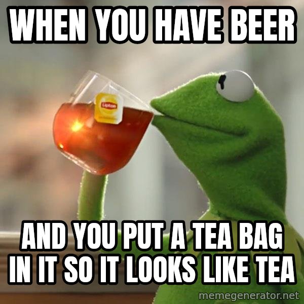 Kermit The Frog Drinking Tea meme: when you have beer / and you put a tea bag in it so it looks like tea