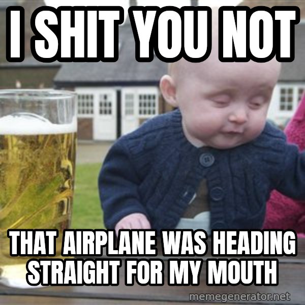 drunk baby 1 meme: I shit you not / That airplane was heading straight for my mouth