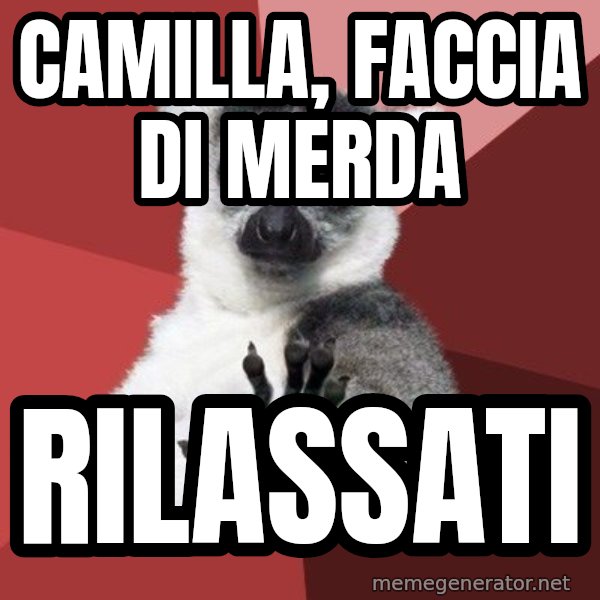Chill Out Lemur meme: Camilla, faccia di merda / rilassati