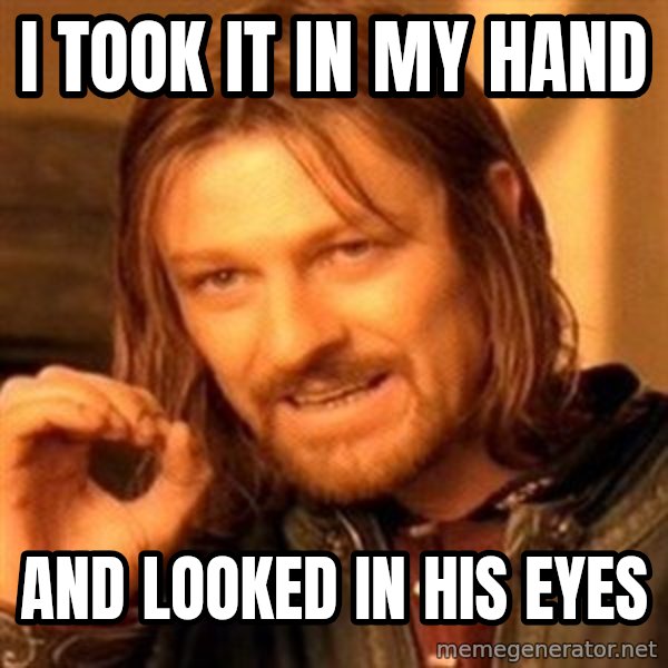 One Does Not Simply meme: i took it in my hand / and looked in his eyes