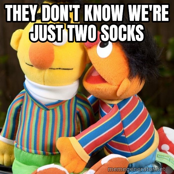 Ernie Whispers To Bert meme: They don't know we're just two socks