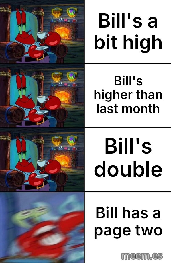 Shocked Mr. Krabs meme: Bill's a bit high / Bill's higher than last month / Bill's double / Bill has a page two